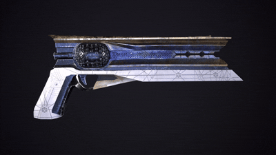 An alien handcannon, with golds and whites on a turnstyle.